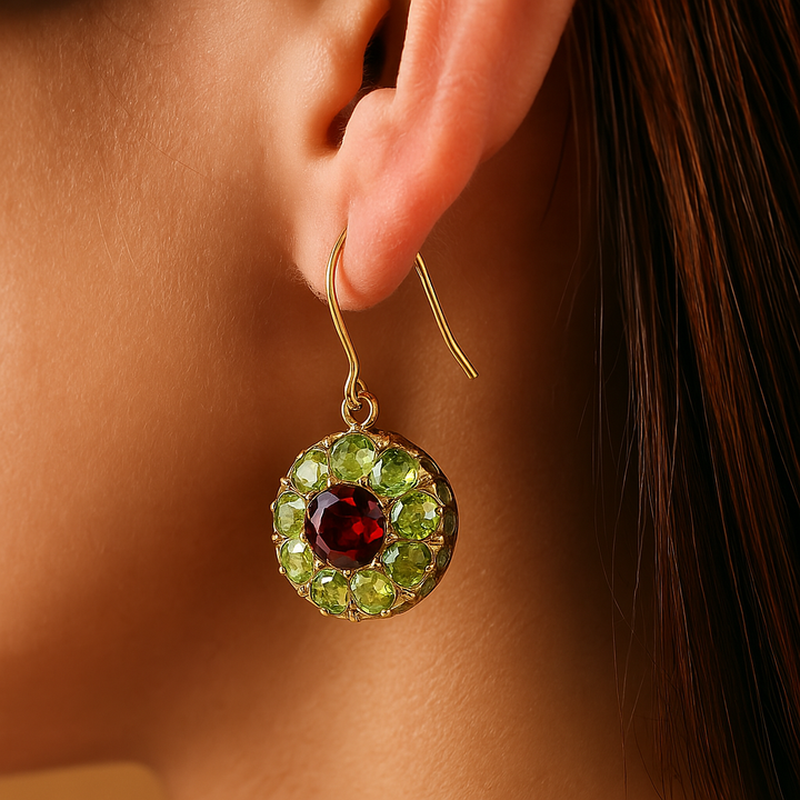Vintage Rounded Green &amp; Red Crystal Earrings
