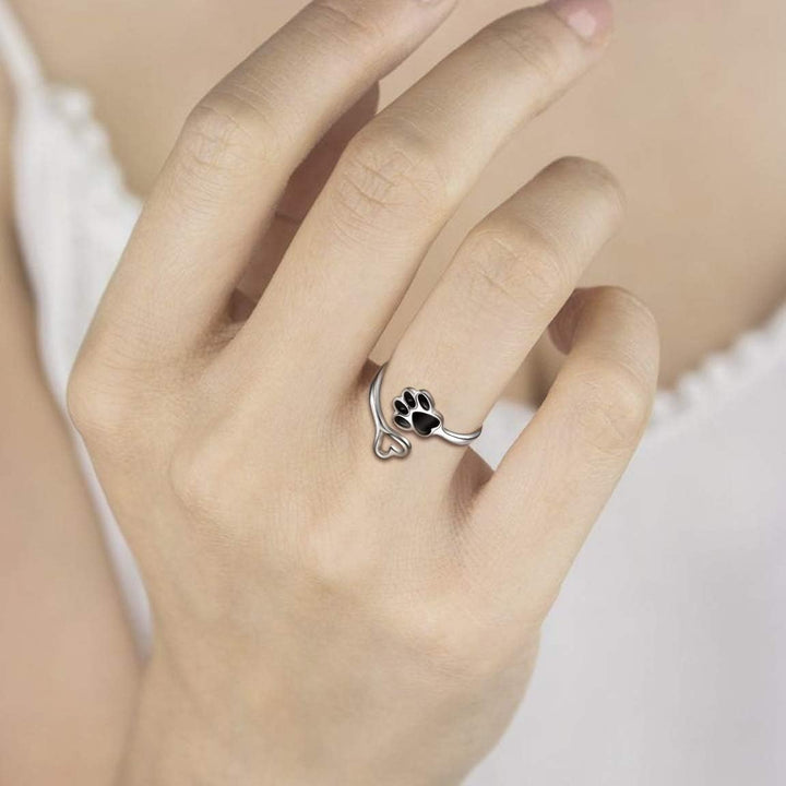 Handcrafted Paw &amp; Heart Ring – Adjustable 925 Sterling Silver
