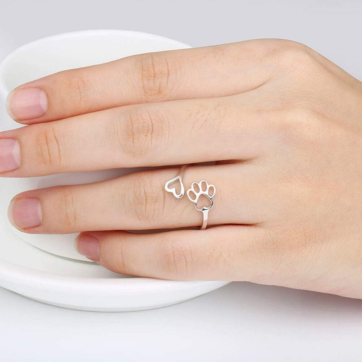 Handcrafted Paw &amp; Heart Ring – Adjustable 925 Sterling Silver