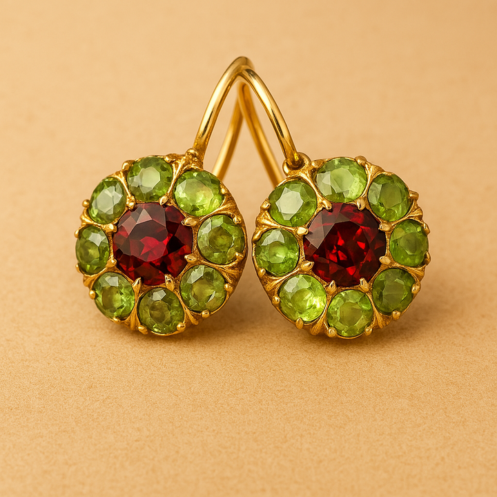 Vintage Rounded Green &amp; Red Crystal Earrings
