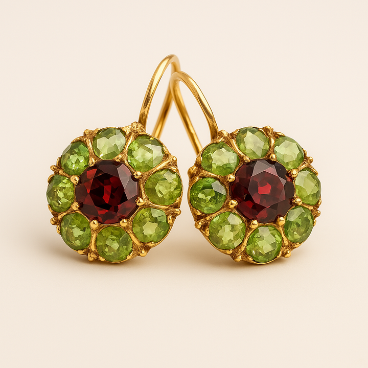 Vintage Rounded Green &amp; Red Crystal Earrings