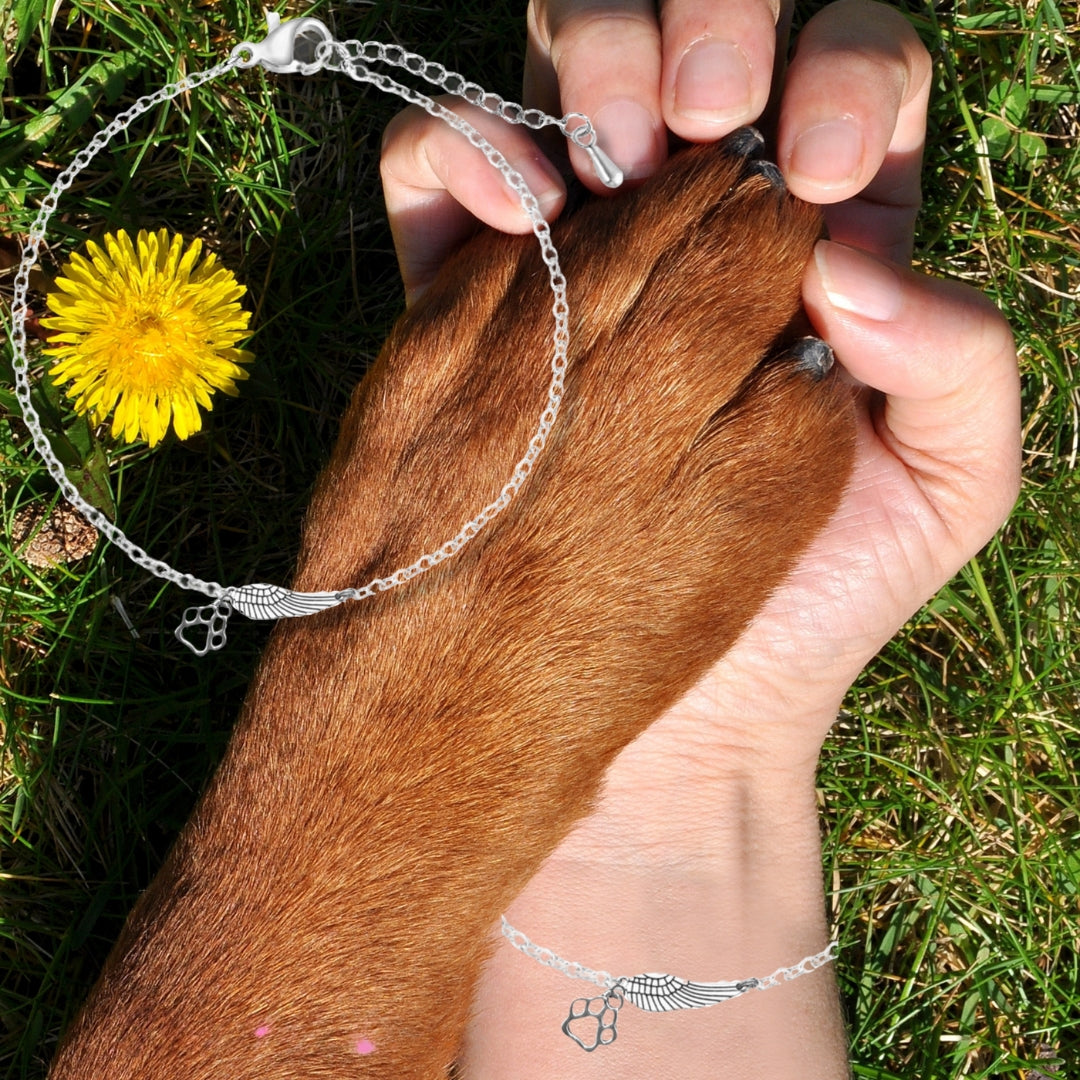 Silver Memorial Bracelet with Angel Wing &amp; Paw Print | Handmade