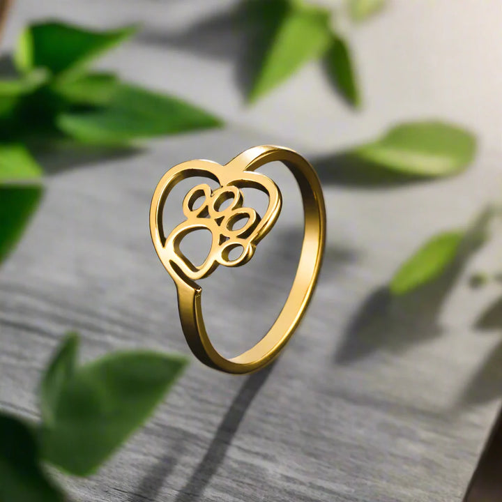 Gold-Tone Paw &amp; Heart Ring – Stainless Steel Jewelry for Pet Lovers