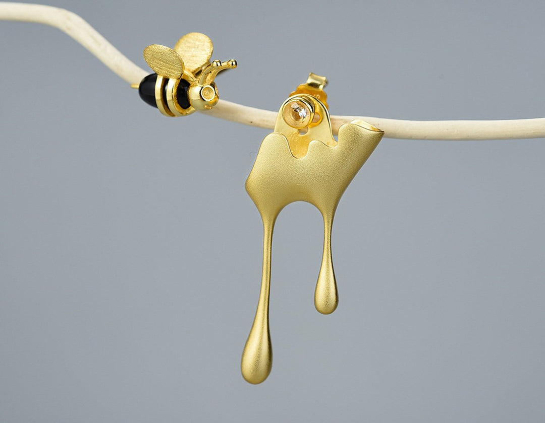 Dripping Honey &amp; Bee Earrings with Zirconia