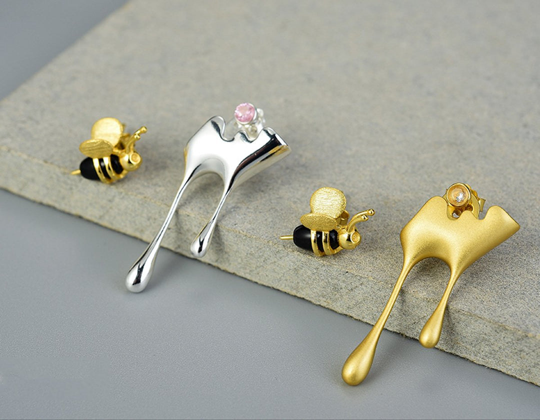 Dripping Honey &amp; Bee Earrings with Zirconia