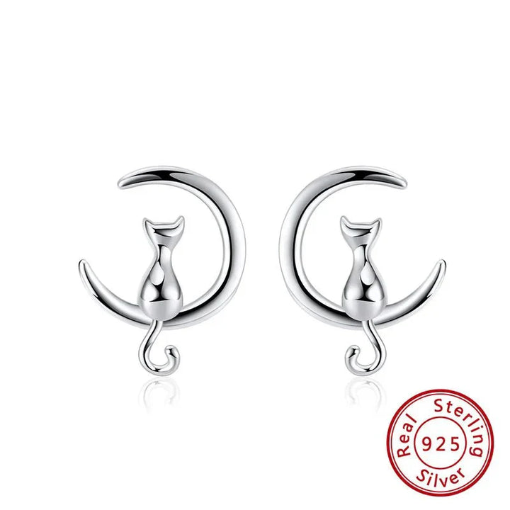 Moon &amp; Cat Sterling Silver Stud Cat Earrings