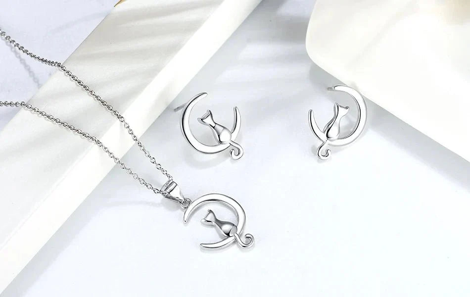 Moon &amp; Cat Sterling Silver Stud Cat Earrings